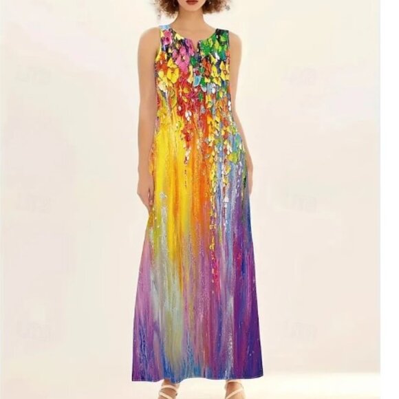 🌈 Rainbow Abstract Print Maxi Dress | Sleeveless V-Neck | Size 2X - Picture 1 of 8